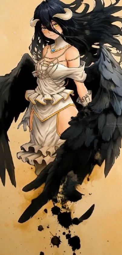 Anime angel with black wings on beige background.