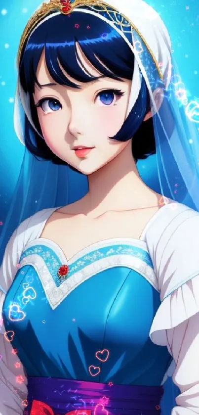 Elegant anime character with a blue dress and a royal aura.