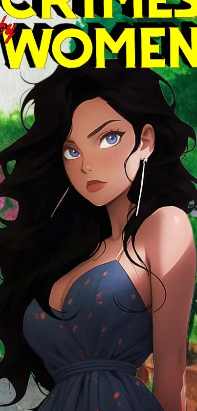 Anime art of a stylish woman with dark hair and a striking dress.