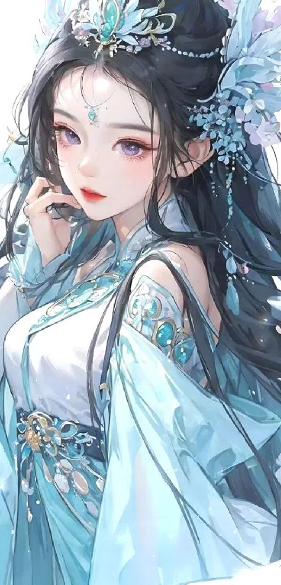 Elegant anime character in blue attire, perfect for mobile wallpapers.