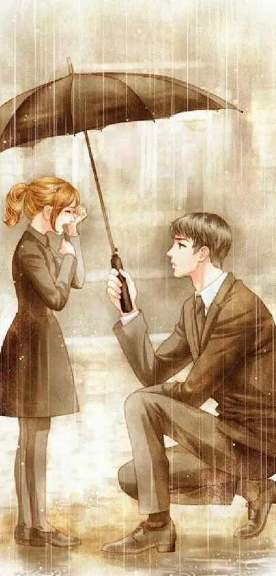 Anime style illustration of two characters with umbrella in rain.