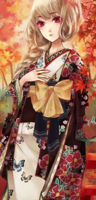 Anime girl in kimono with colorful autumn background.