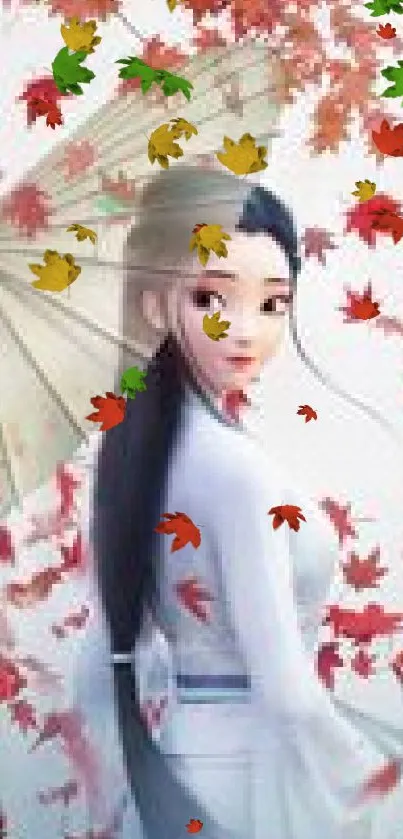 Anime girl in traditional dress with autumn leaves background.