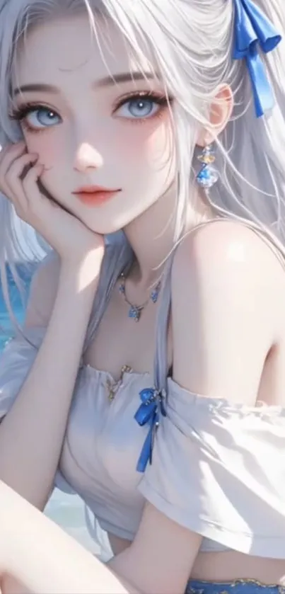 Anime character on a serene beach setting, perfect as mobile wallpaper.