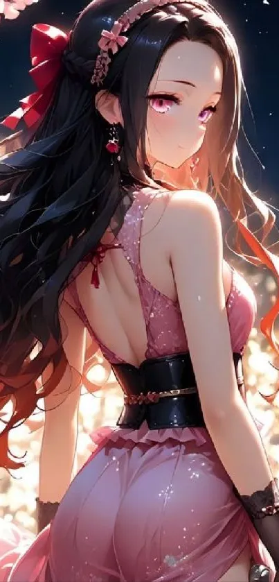 Anime character in cherry blossom scene with elegant attire.