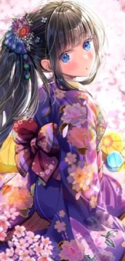 Anime girl in floral kimono with cherry blossoms.