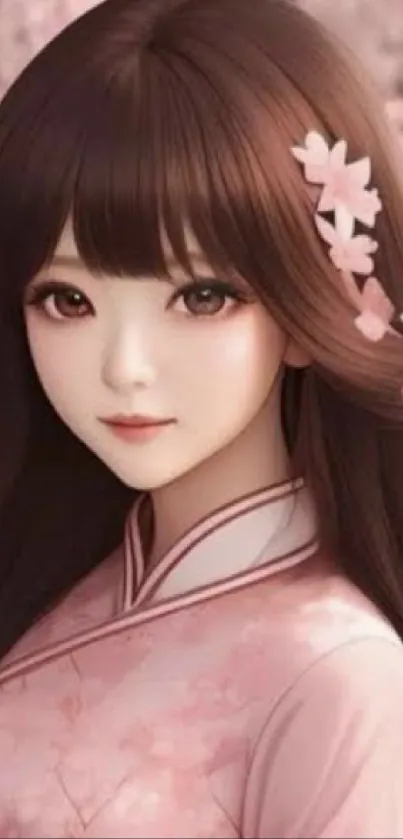 Anime girl with cherry blossoms in pink hues.