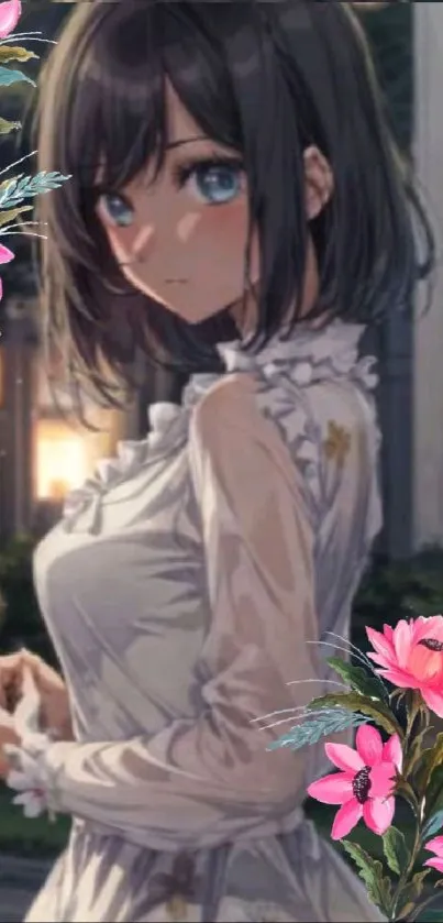 Mysterious anime girl with pink flowers in a serene evening setting.