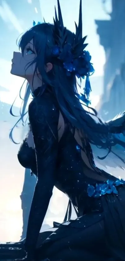 Anime girl with wings in elegant blue setting.