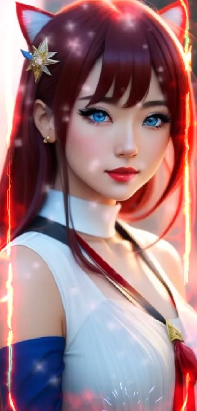 Anime girl with cat ears, red hair, blue eyes, and a fantasy outfit.