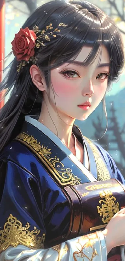 Elegant anime character in dark blue traditional attire against a scenic background.