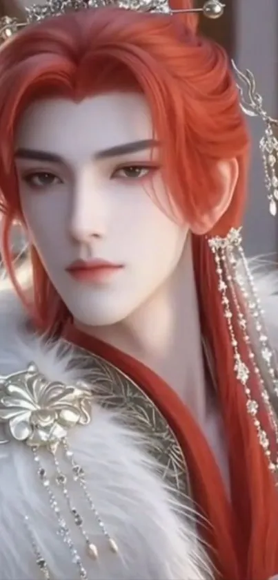 Elegant anime character with red hair and ornate accessories.