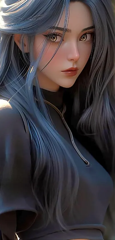 Elegant anime character with steel blue hair, set against a vibrant background.