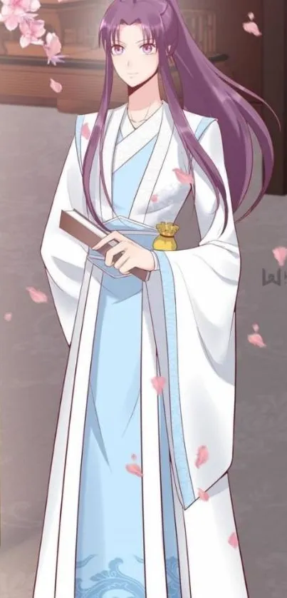 Anime character in traditional attire with cherry blossoms.