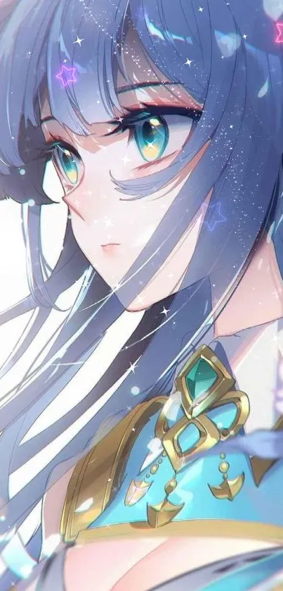 Anime character with blue hair and radiant eyes in ornate attire.