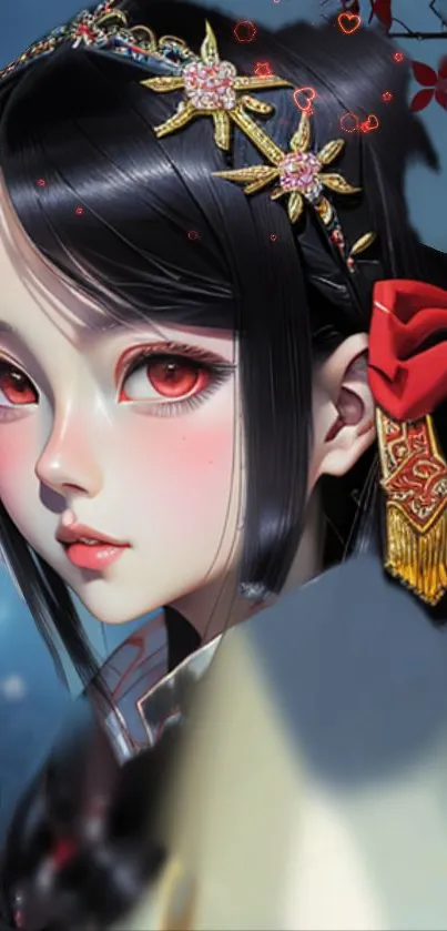 Elegant anime character with a dark blue background, adorned with red and gold accents.