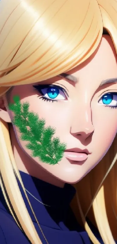 Anime character with blue eyes and blonde hair with green floral detail.