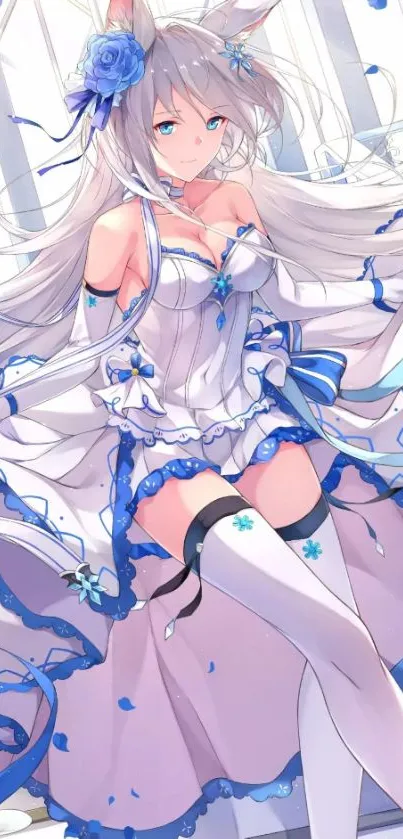 Anime character in white dress with blue accents, elegant mobile wallpaper.