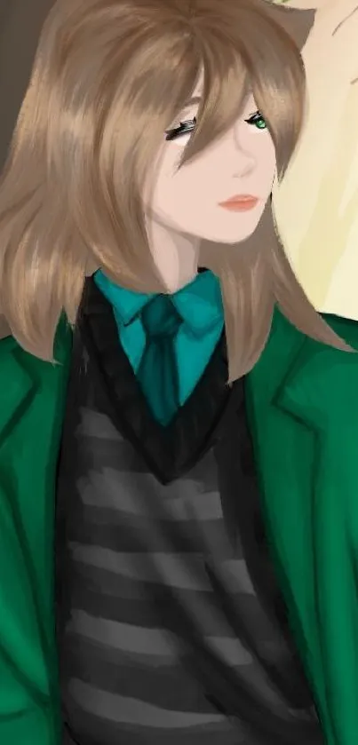 Anime character in green coat with forest background.