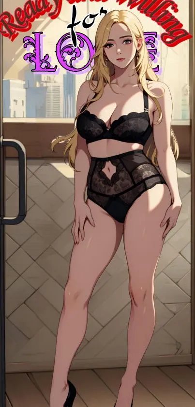 Anime character with blonde hair in black lingerie standing by a window.