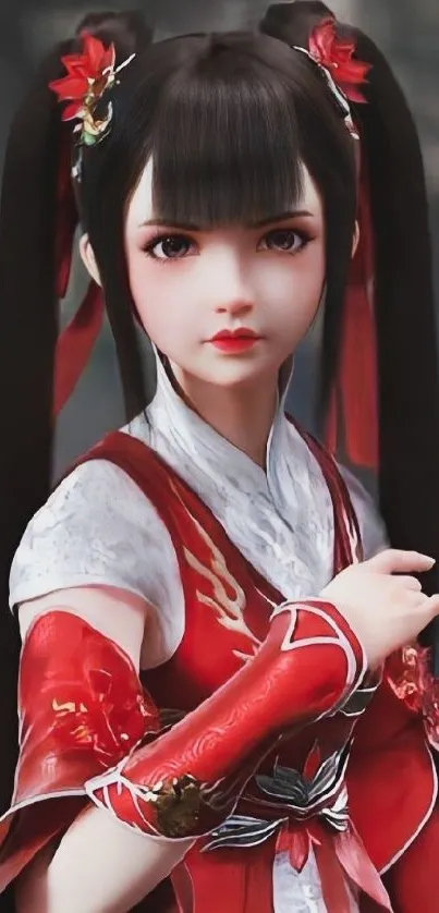 Anime character in red and white attire with intricate design.