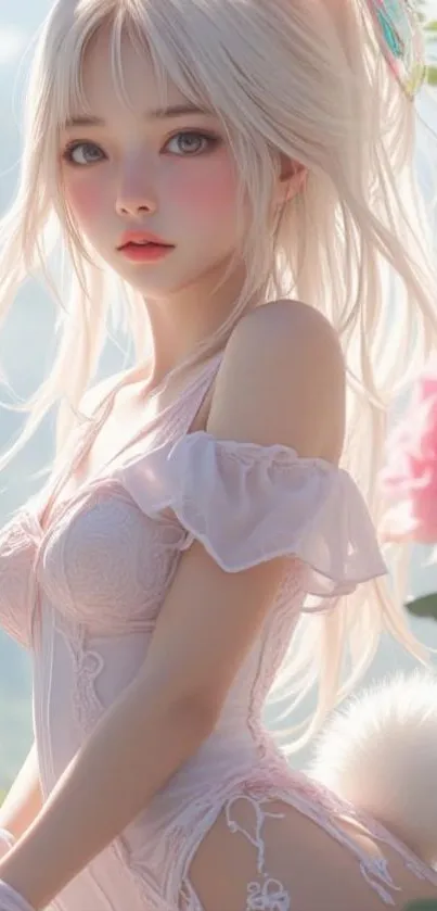 Charming anime character in garden setting with flowers, pastel tones.