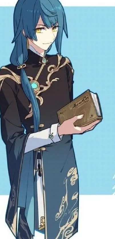 Anime character with blue hair and traditional attire holding a book.