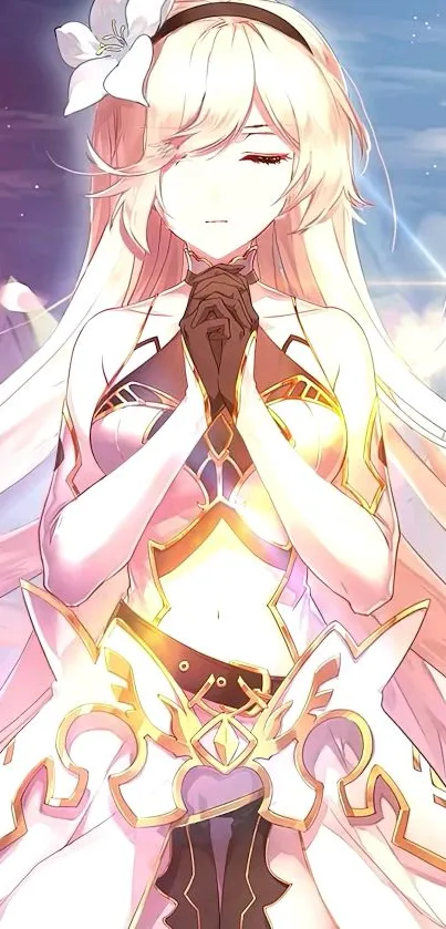 Elegant anime character in gold and white attire with a fantasy background.