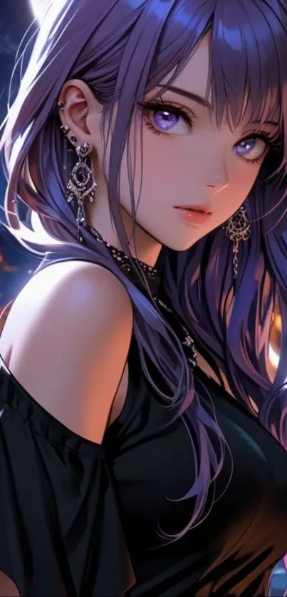 Purple-haired anime character in elegant attire.