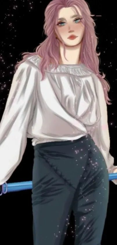 Anime character with pastel pink hair and white blouse on a black background.