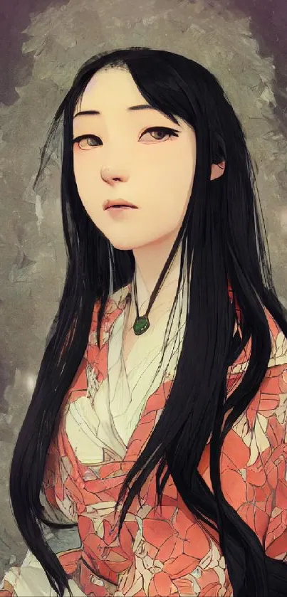 Anime character portrait with elegant design and serene expression in vibrant colors.