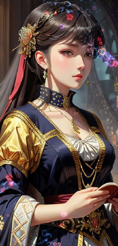 Elegant anime character in a regal outfit holding a book, set in a classical background.