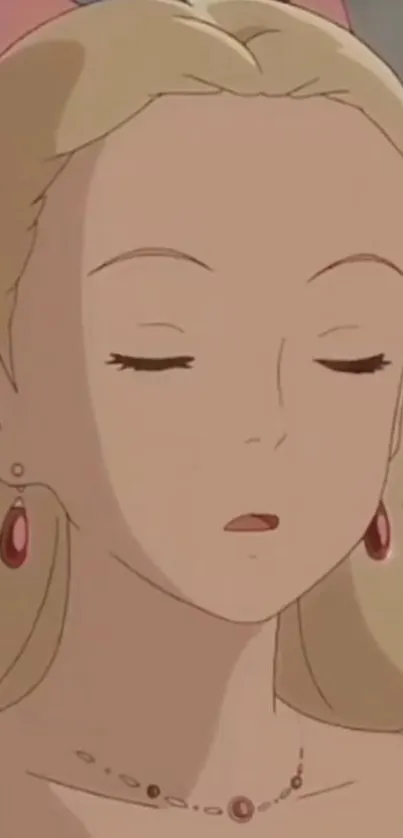 Elegant anime character with closed eyes and red jewelry.