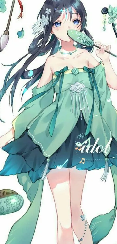 Elegant anime character with mint green dress.