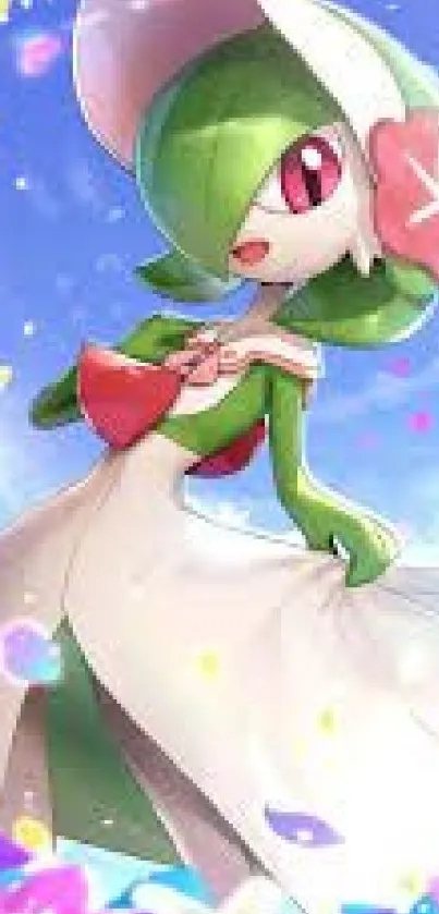 Elegant green and white anime character with a colorful background.