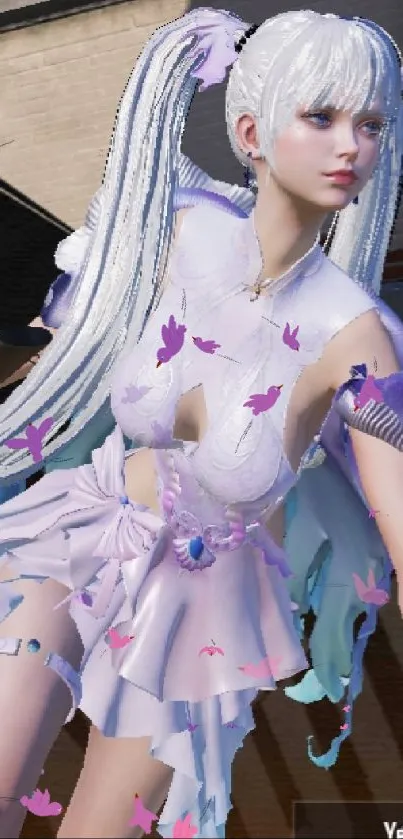 Anime character with white hair and dress, surrounded by butterflies.