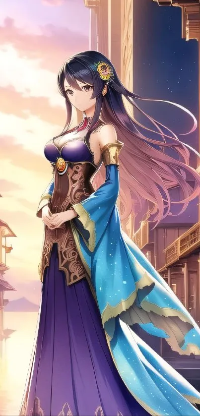 Elegant anime character in purple dress at sunset.