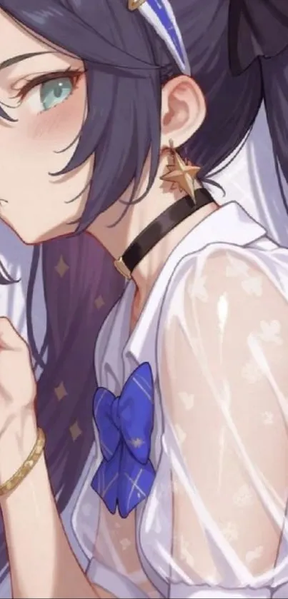 Stylish anime character with elegant blue accents.