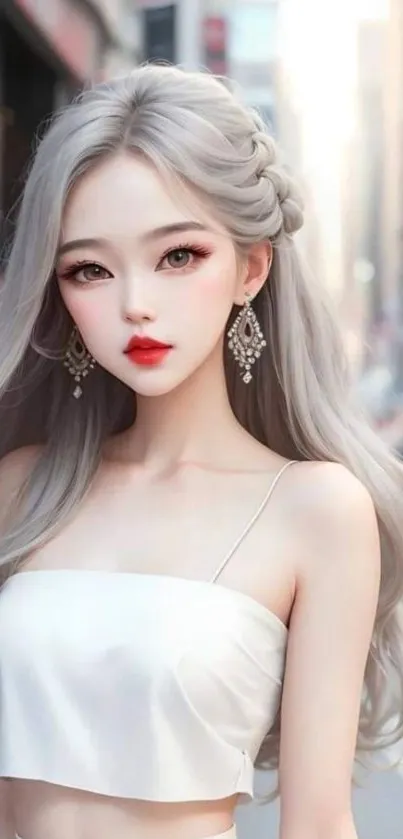 Elegant anime character with silver hair in a vibrant urban setting.