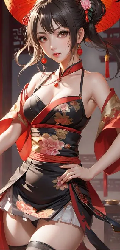 Anime character in red traditional attire, vibrant design.
