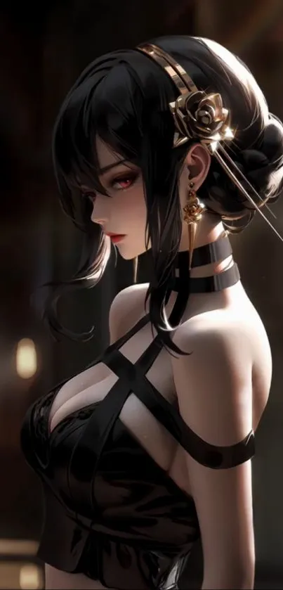 Elegant anime character in dark attire with intricate details.