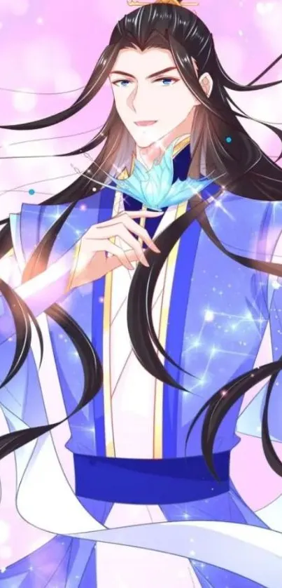 Anime character in elegant blue robe with flowing hair and sparkling effects.