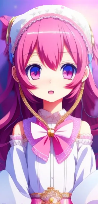 Vibrant anime character with pink hair and a decorative outfit.