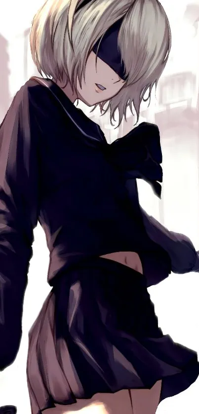 Anime character in dark outfit with stylish pose on a monochrome background.