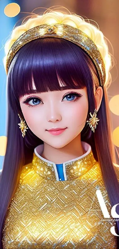 Elegant anime character in golden outfit with intricate patterns.