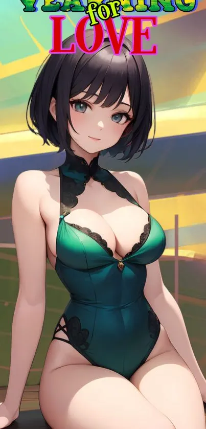 Anime character in teal outfit mobile wallpaper