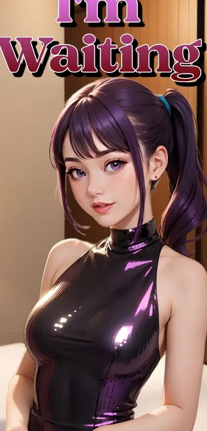 Anime girl with purple hair in a glossy dress.