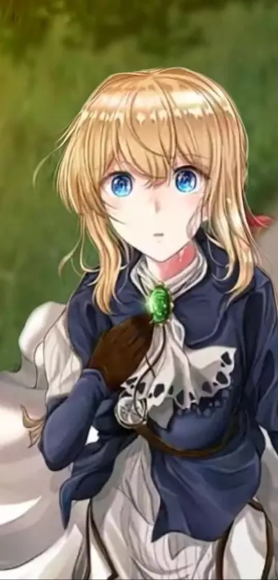 Anime character with blonde hair and blue eyes in a majestic outfit.