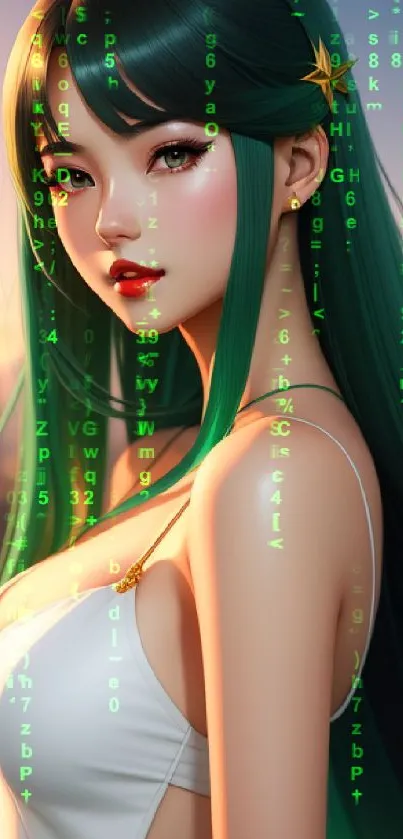 Anime character with emerald hair against a sunset cityscape.