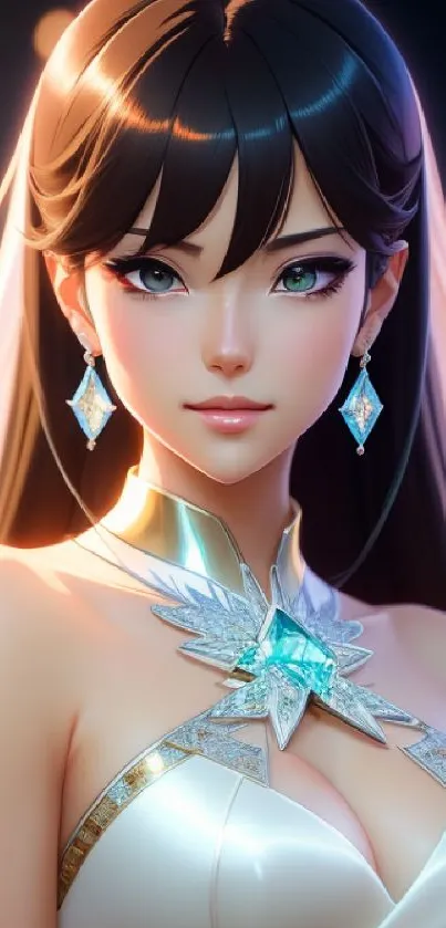 Elegant anime character with sparkling jewelry and vibrant colors.